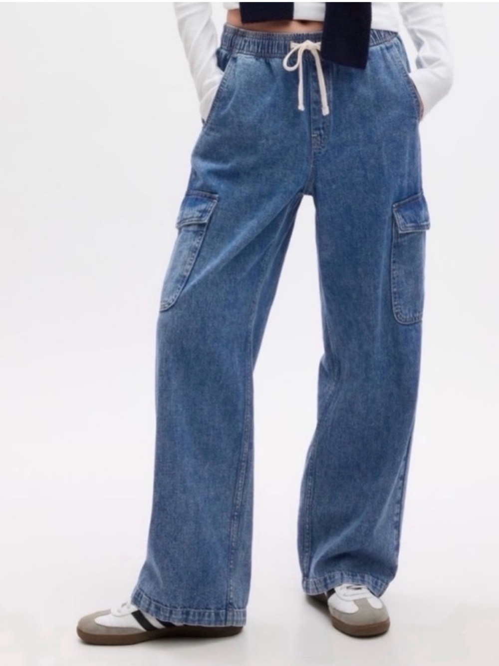 Gap Pull On Wide Leg Cargo Denim Jeans Cotton Tie Waist Medium Wash Blue Medium
